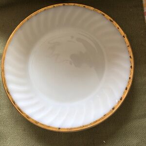 Vintage fire king White milk Glass 9” Dinner Plate with Gold Rim